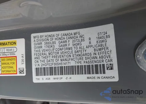 2025 Honda Civic Sport из США, поврежденный, VIN 2HGFE2F56SH514171